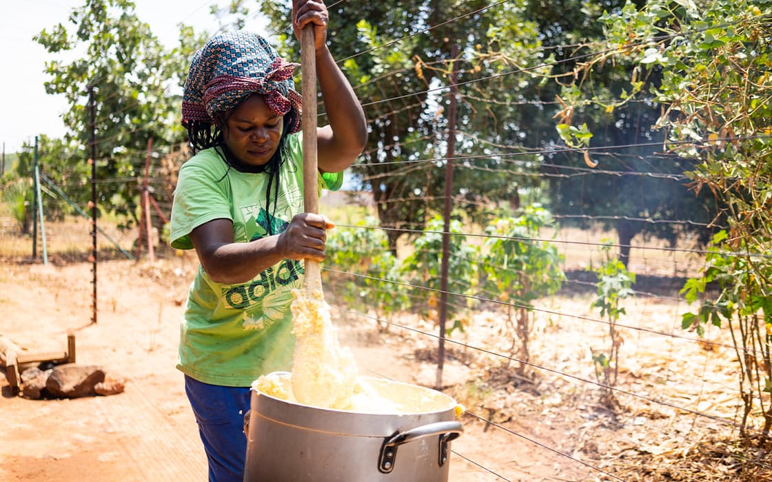 Frau in grünem Hemd und Kopftuch rührt in einem Garten Essen um und unterstützt damit die Arbeit von Hilfe zum Leben in Sambia.