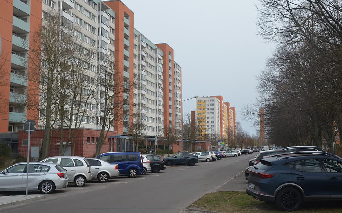 Eine Straße in Rostock, Deutschland, gesäumt von geparkten Autos, hohen Wohnhäusern und blattlosen Bäumen auf dem Gehweg.