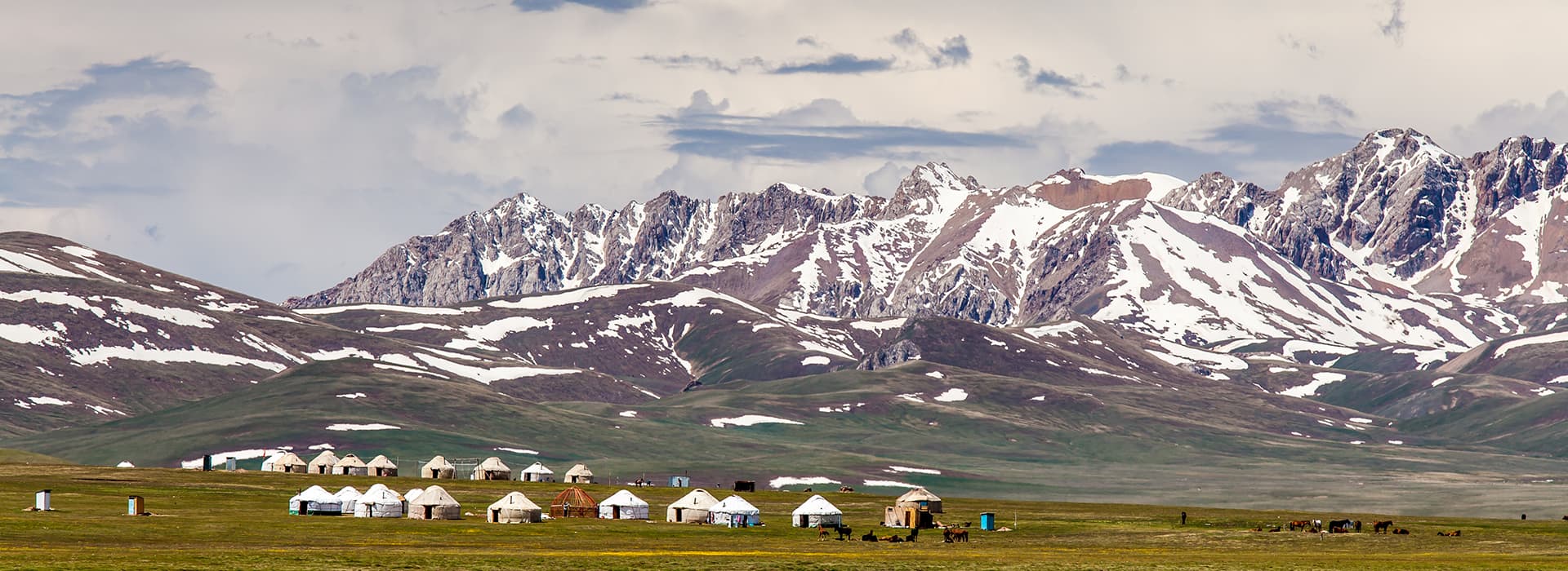 Eine Ansammlung von Jurten auf grasbewachsenen Ebenen mit schneebedeckten Bergen im Hintergrund, die an eine Landschaft von Alexander Schimpf erinnern.