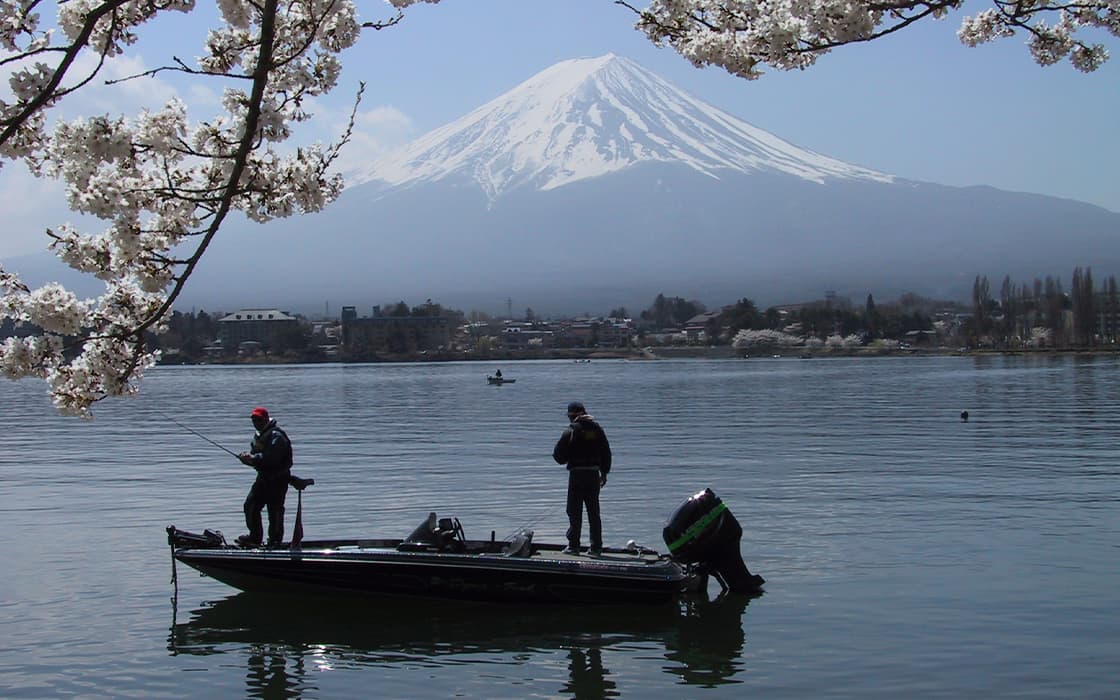 Zwei Personen angeln in einem Boot auf einem See, mit Kirschblüten und dem Berg Fuji im Hintergrund.