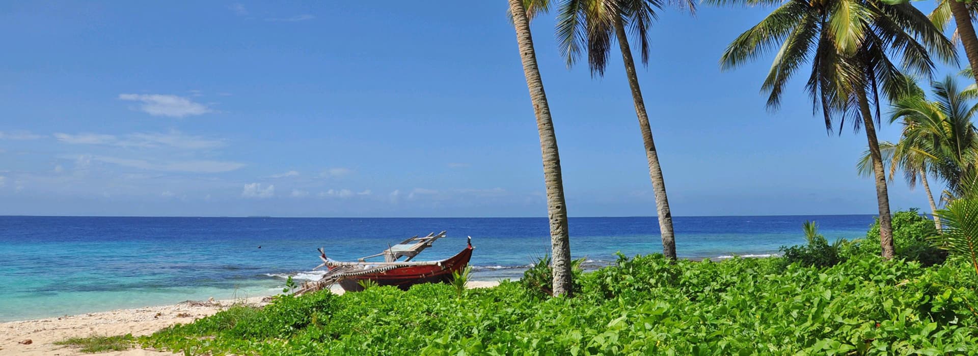 Ein verwittertes Boot liegt an einem Sandstrand mit Palmen und üppigem Grün am hellblauen Meerwasser unter einem klaren Himmel.