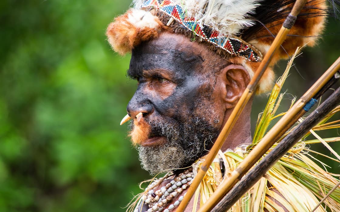 Profil eines Mannes aus Papua-Neuguinea mit Gesichtsbemalung, gefiedertem Kopfschmuck, Nasenschmuck und traditioneller Kleidung, der Pfeile hält.