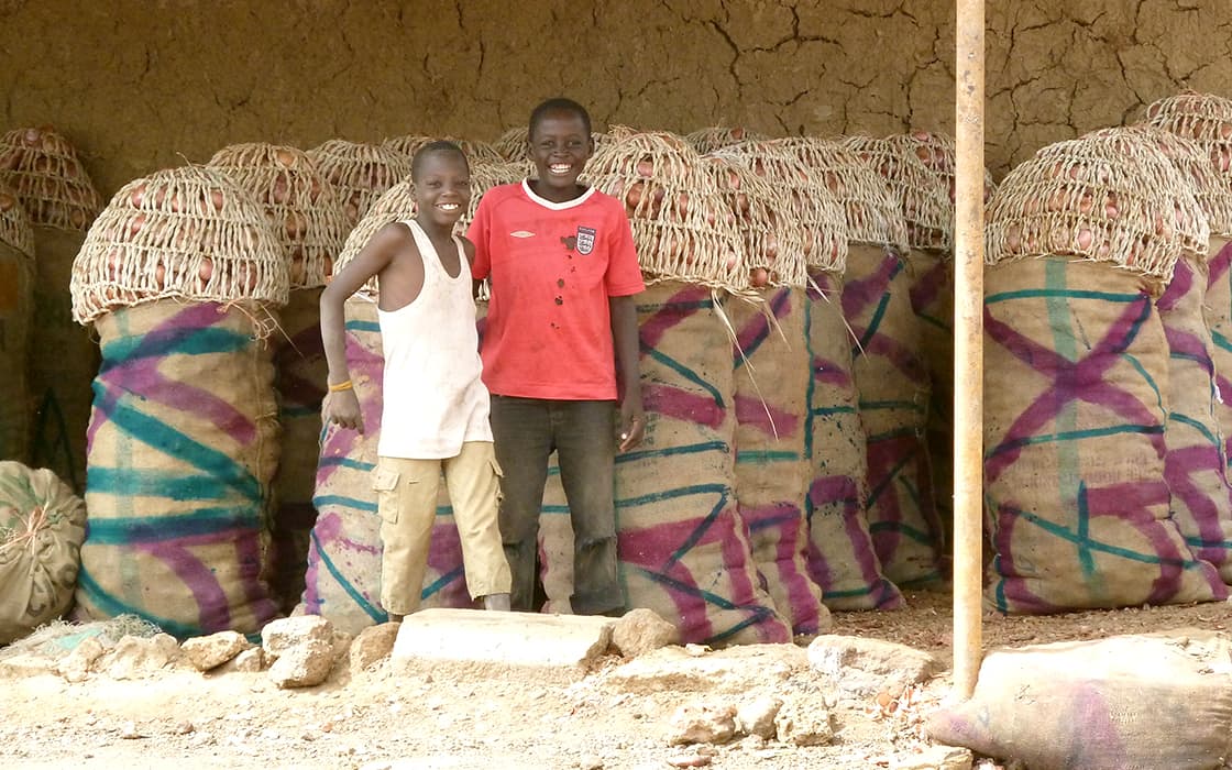 Zwei lächelnde Jungen stehen vor großen Säcken, die mit Netzen und bunten Markierungen bedeckt sind, in einer rustikalen Außenumgebung.