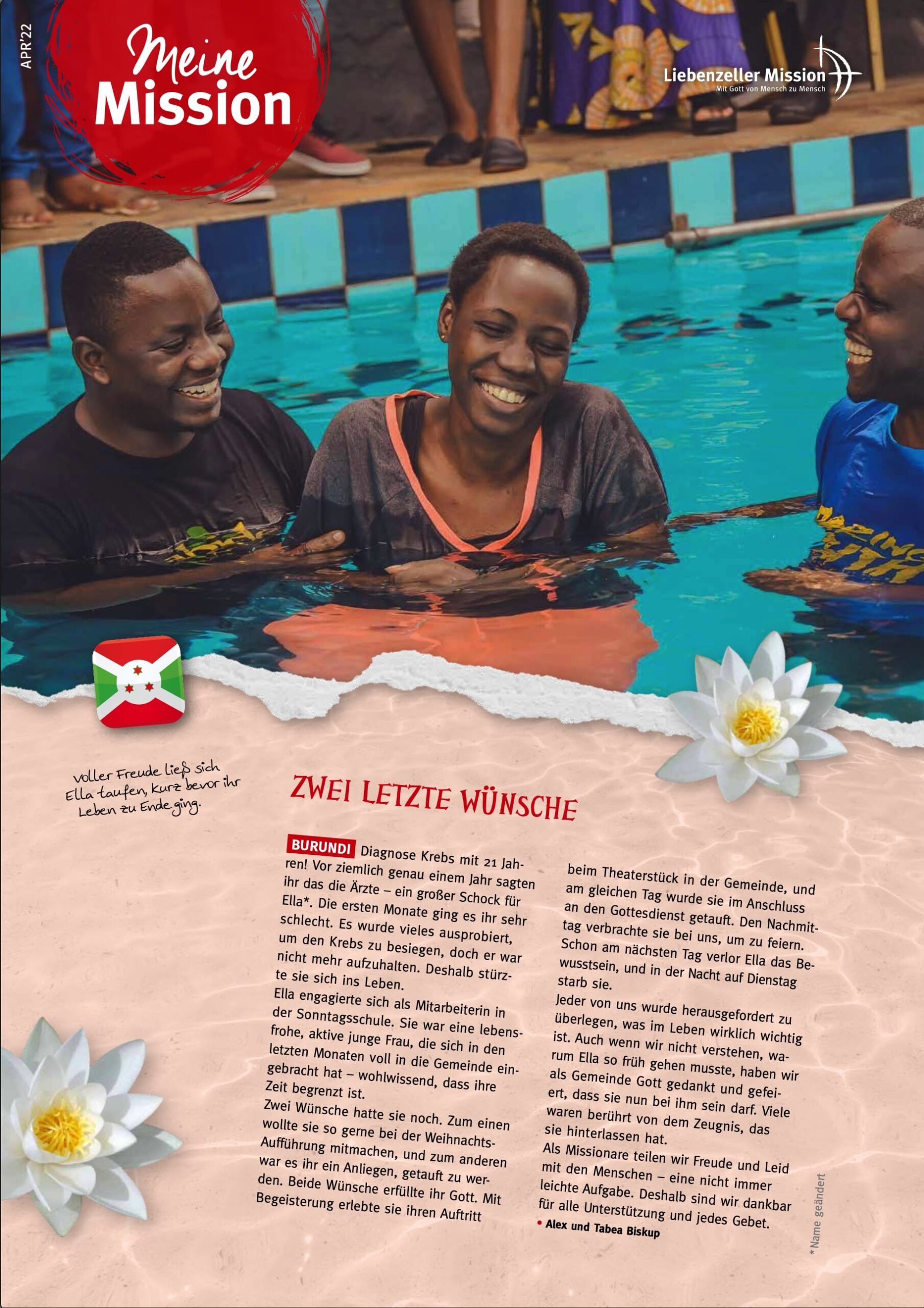 Drei lachende Menschen in einem Pool, die lachen und die Zeit miteinander genießen - aufgenommen während Meine Mission im April 2022.