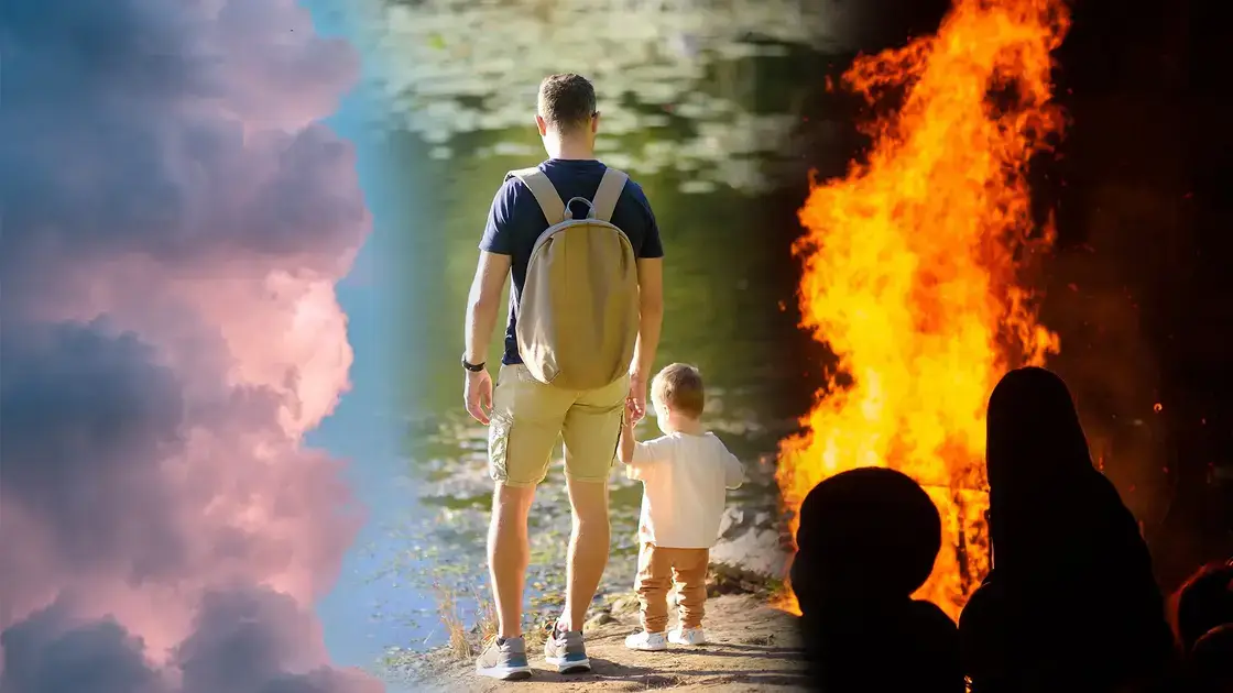 Ein Mann und ein Kind stehen am Wasser, eingerahmt von rosafarbenen Wolken auf der einen und Flammen mit Silhouetten auf der anderen Seite.