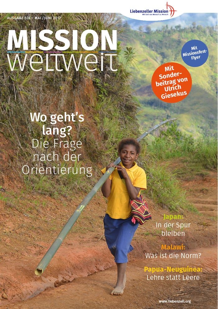 Ein lächelndes Mädchen in bunten Kleidern trägt einen langen Stock auf einem Weg in einer üppigen, grünen Berglandschaft.