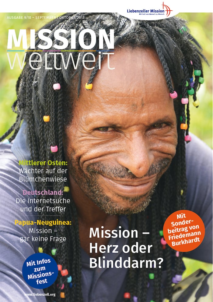Lächelnder Mann mit dunklen Zöpfen und bunten Perlen, im Freien, auf der Titelseite eines deutschen Magazins abgebildet.