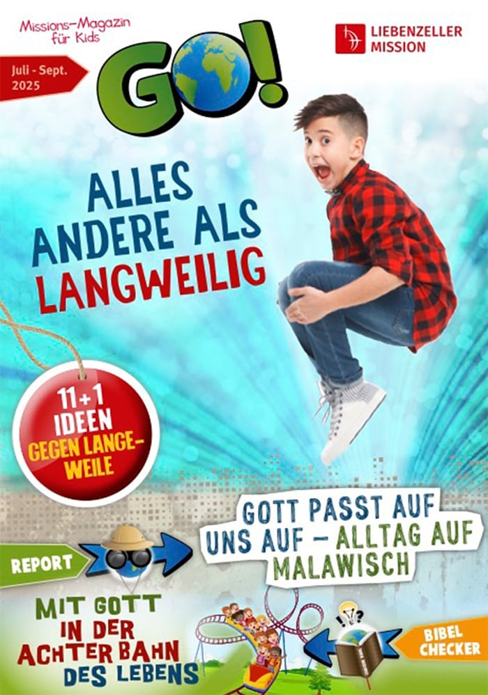 Ein aufgeregter Junge springt auf dem bunten Cover eines deutschen Kindermagazins mit verspieltem Text und Grafiken.