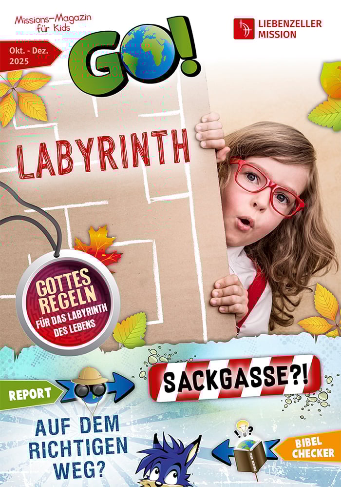Ein überraschtes Mädchen hält ein Papp-Labyrinth; deutsches Magazin-Cover mit buntem Text und verspielter Grafik.