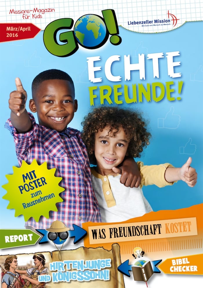 Zwei lächelnde Kinder, die sich in den Armen liegen, zeigen den Daumen nach oben auf einem farbenfrohen deutschen Magazin-Cover über Freundschaft.