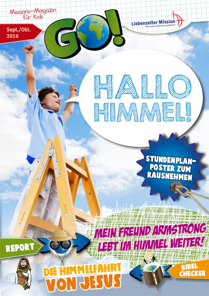 Ein Junge steht auf einer Holzleiter im Freien und hebt triumphierend die Arme unter einem blauen Wolkenhimmel.