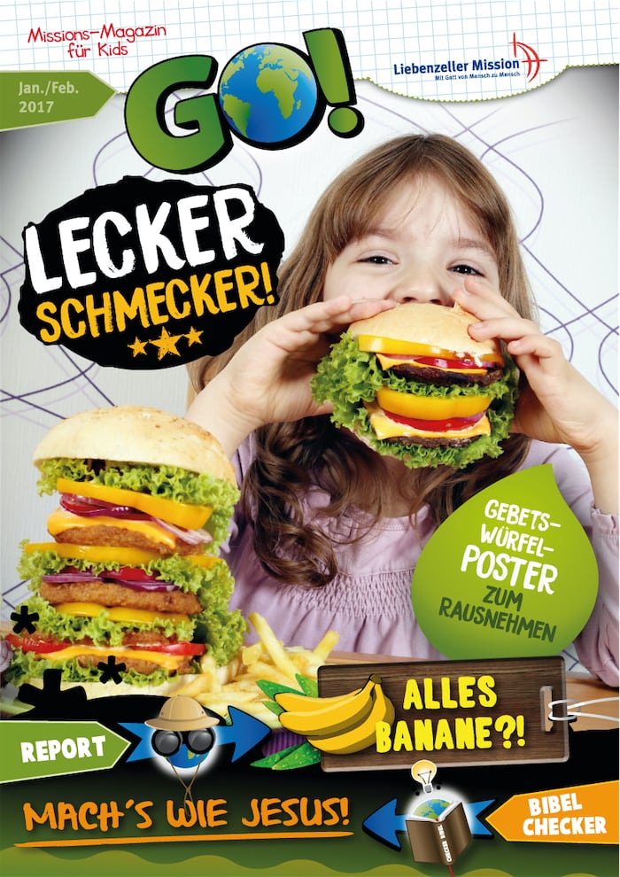 Lächelndes Mädchen, das einen großen Veggie-Burger in der Hand hält, mit bunten Burgern und fettgedrucktem deutschen Text auf dem Cover eines Kindermagazins.