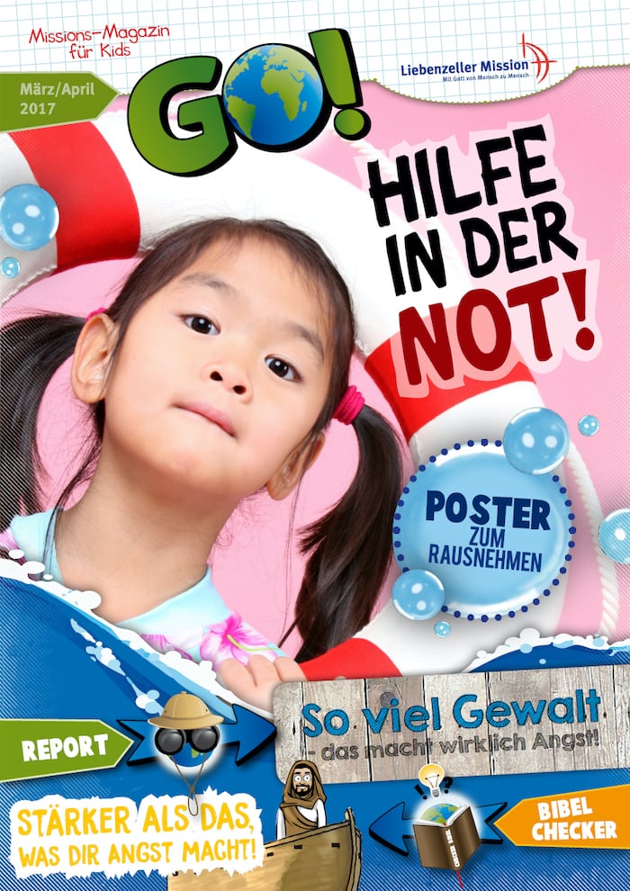 Ein junges Mädchen in einem Rettungsring mit deutschem Text über Hilfe in Notfällen, Postern und biblischen Inhalten für Kinder.