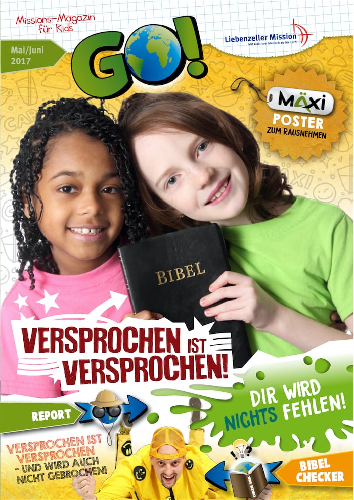 Zwei lächelnde Mädchen, von denen eines eine schwarze Bibel in der Hand hält, stehen zusammen auf einem bunten Kinderzeitschriftencover in deutscher Sprache.