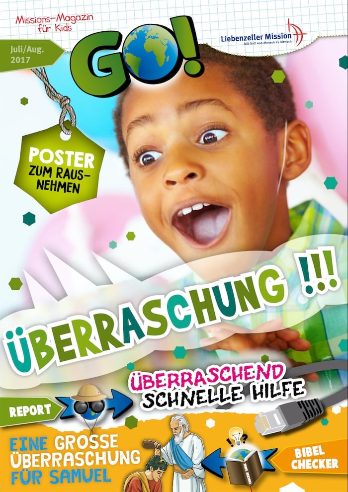 Ein überraschtes Kind mit großen Augen und offenem Mund ist auf dem Cover eines bunten Kindermagazins mit dem Titel GO! Überraschung!!!.