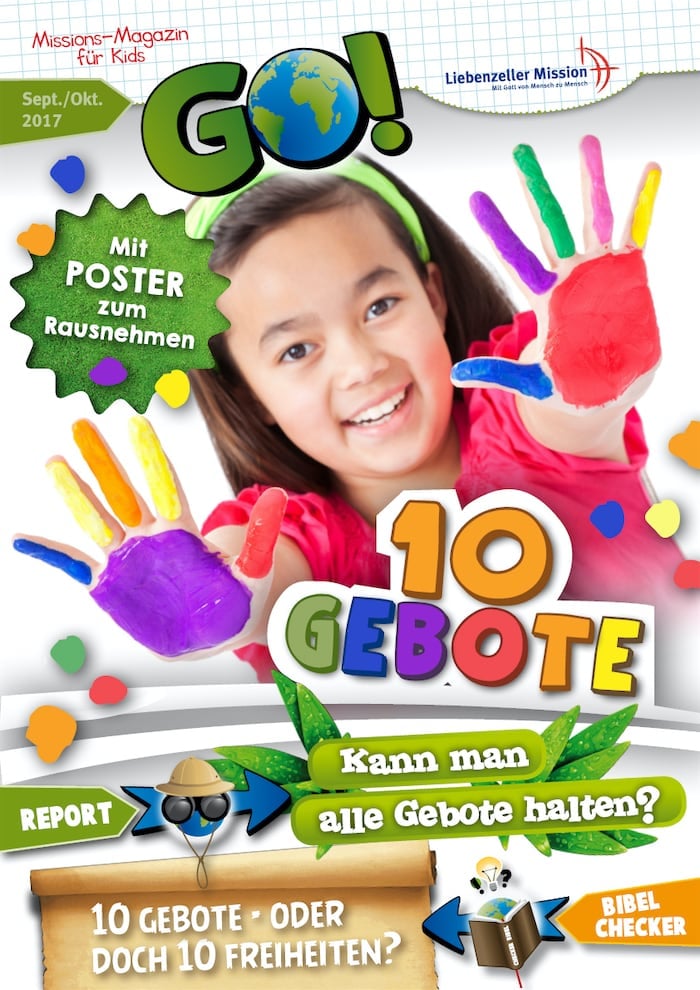 Lächelndes Mädchen mit bemalten Händen, bunter Text liest 10 Gebote auf einem lebendigen Kindermagazin-Cover.