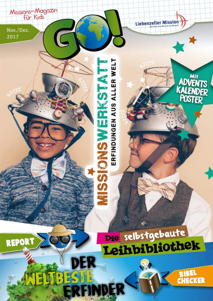 Zwei lächelnde Jungen tragen selbstgebastelte Erfinderhüte mit Drähten und Schutzbrillen auf einem bunten Kindermagazin-Cover.