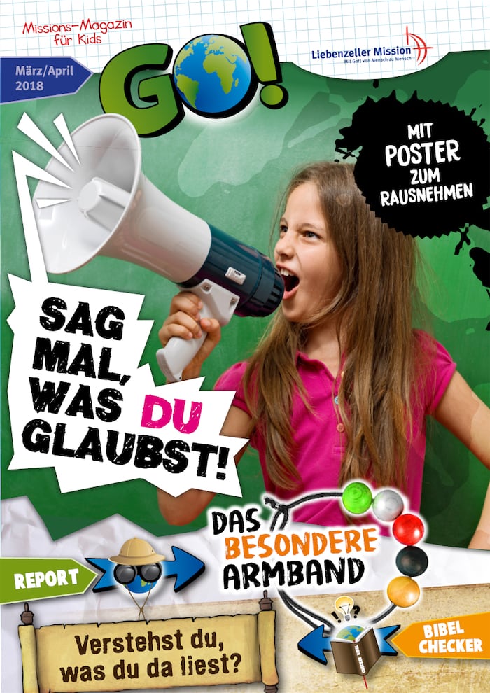 Ein Mädchen schreit in ein Megaphon auf einem bunten Magazin-Cover mit verschiedenen deutschen Texten und verspielten Grafiken.