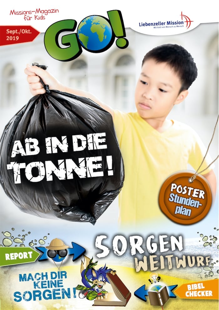 Ein Junge wirft einen schwarzen Müllsack; der Text lautet Ab in die Tonne! auf dem Cover einer Kinderzeitschrift.