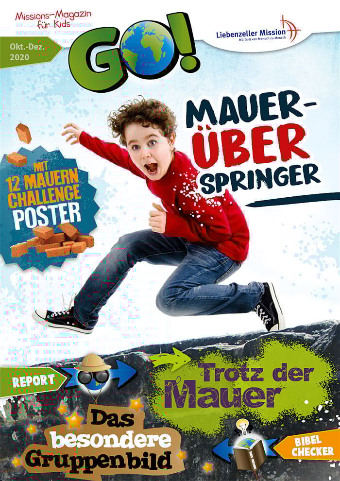 Ein aufgeregter Junge springt in die Luft auf einem farbenfrohen Kindermagazin-Cover mit frechem deutschen Text und verspielten Grafiken.