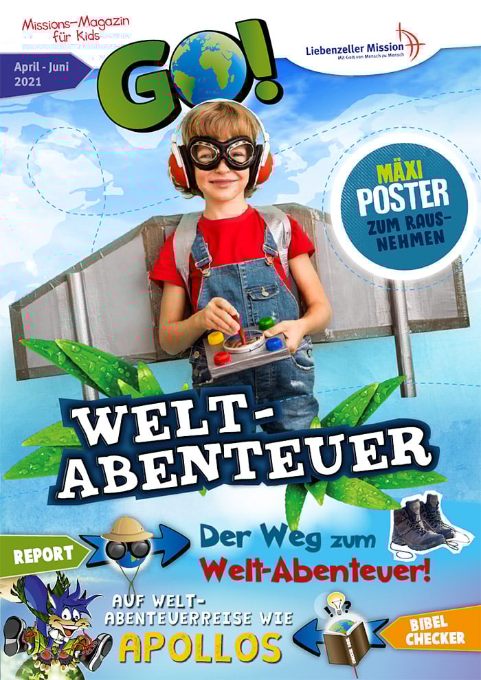 Ein Kind mit Fliegerbrille und Flügeln aus Pappe steht lächelnd mit einem Joystick in der Hand auf einem bunten Magazin-Cover in deutscher Sprache.