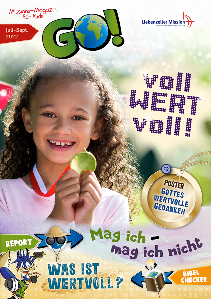 Lächelndes Mädchen mit lockigem Haar hält einen Apfel; bunter Text und Grafiken auf einem Kindermagazin-Cover in Deutsch.