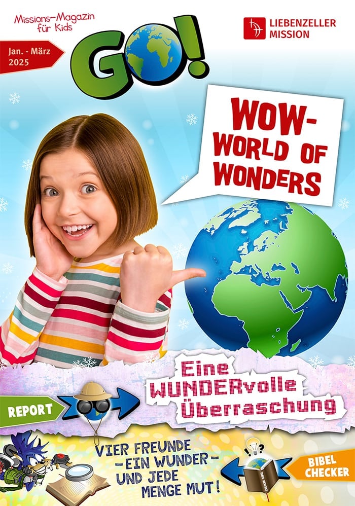 Ein lächelndes Mädchen zeigt auf einen Globus; der Text lautet "WOW - World of Wonders" (WOW - Welt der Wunder) auf dem Cover einer bunten Kinderzeitschrift.