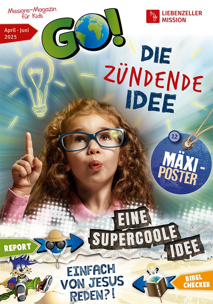 Ein Mädchen mit Brille zeigt nach oben, umgeben von buntem Text und Grafiken auf dem Titelbild einer christlichen Kinderzeitschrift.