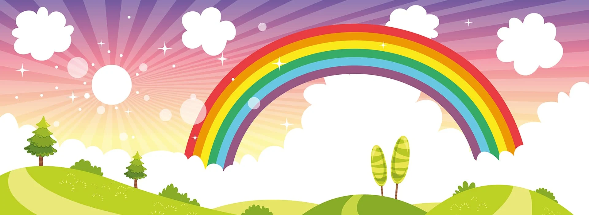 Ein Cartoon-Regenbogen wölbt sich über eine sonnige, grasbewachsene Landschaft mit Bäumen, Wolken und einem lila-rosa Himmel.