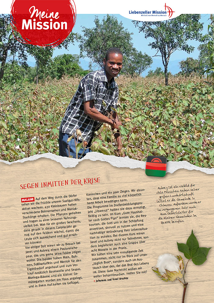 Ein lächelnder Mann steht in einem Baumwollfeld, einen Zweig in der Hand, unter einem sonnigen Himmel mit grünen Bäumen im Hintergrund.