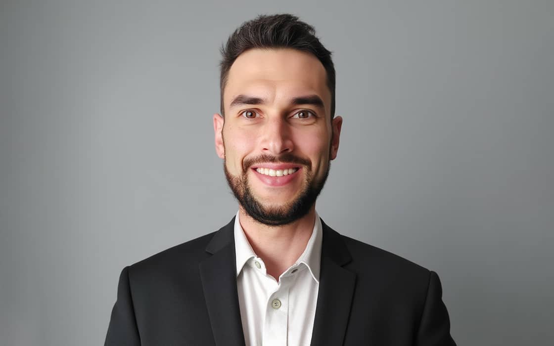 Ein lächelnder Mann mit kurzen dunklen Haaren und einem Bart, der einen schwarzen Blazer und ein weißes Hemd trägt, steht vor einem grauen Hintergrund.