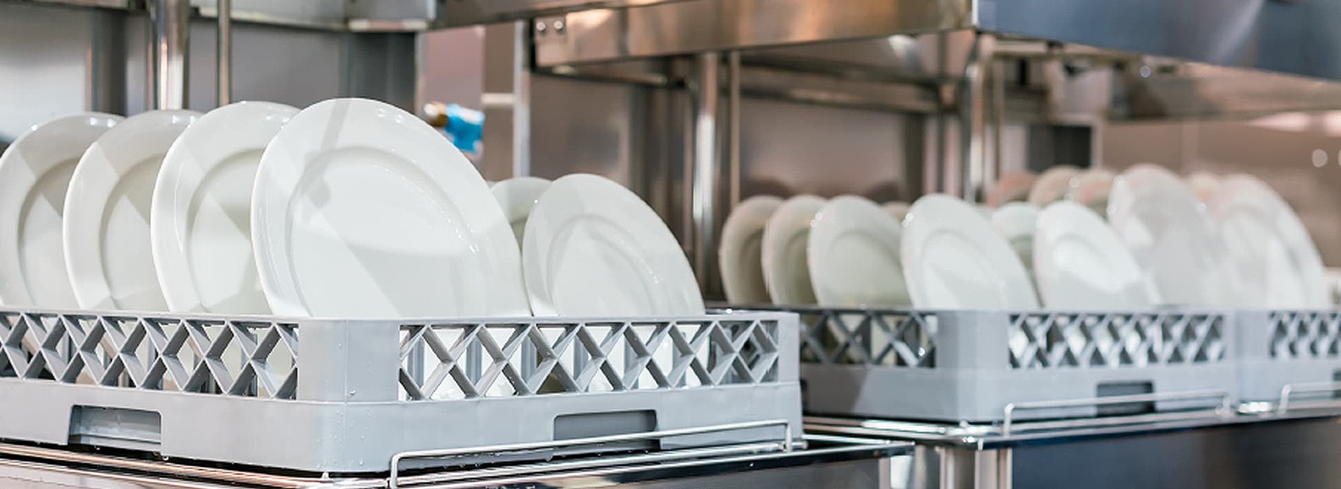 Saubere weiße Teller, die senkrecht in grauen Fächern in einem gewerblichen Geschirrspüler in einer Küche gestapelt sind.