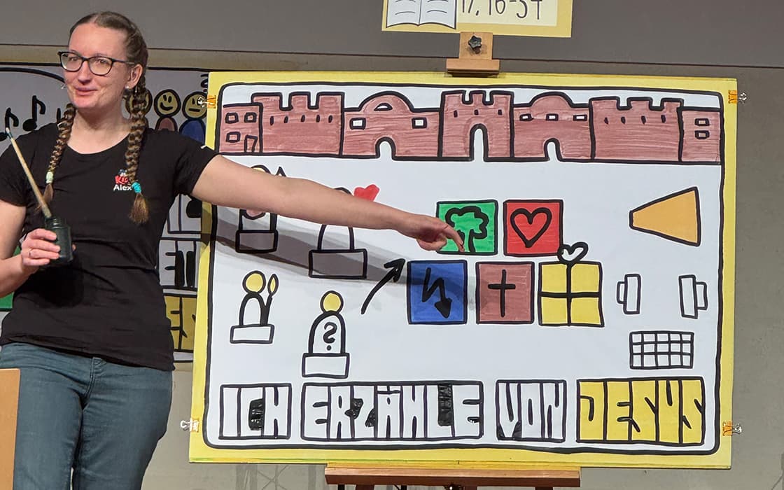 Eine Frau zeigt auf eine bunt illustrierte Tafel mit Symbolen und dem deutschen Text "ICH ERZÄHLE VON JESUS".