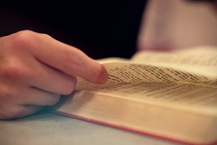 Eine Hand blättert behutsam eine Seite eines aufgeschlagenen Buches um, wobei der Text auf den Seiten deutlich sichtbar ist.