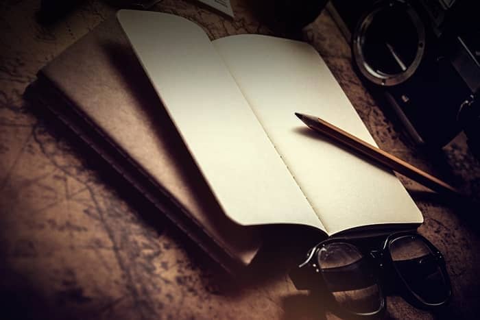 Ein aufgeschlagenes Notizbuch, auf dessen Seiten ein Bleistift liegt, neben einer Brille und einer Kamera auf einem Hintergrund mit einer alten Landkarte.