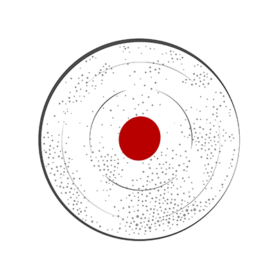 Ein kreisförmiges Diagramm mit einem roten Zentrum und verstreuten schwarzen Punkten, umgeben von konzentrischen schwarzen Ringen auf weißem Hintergrund.