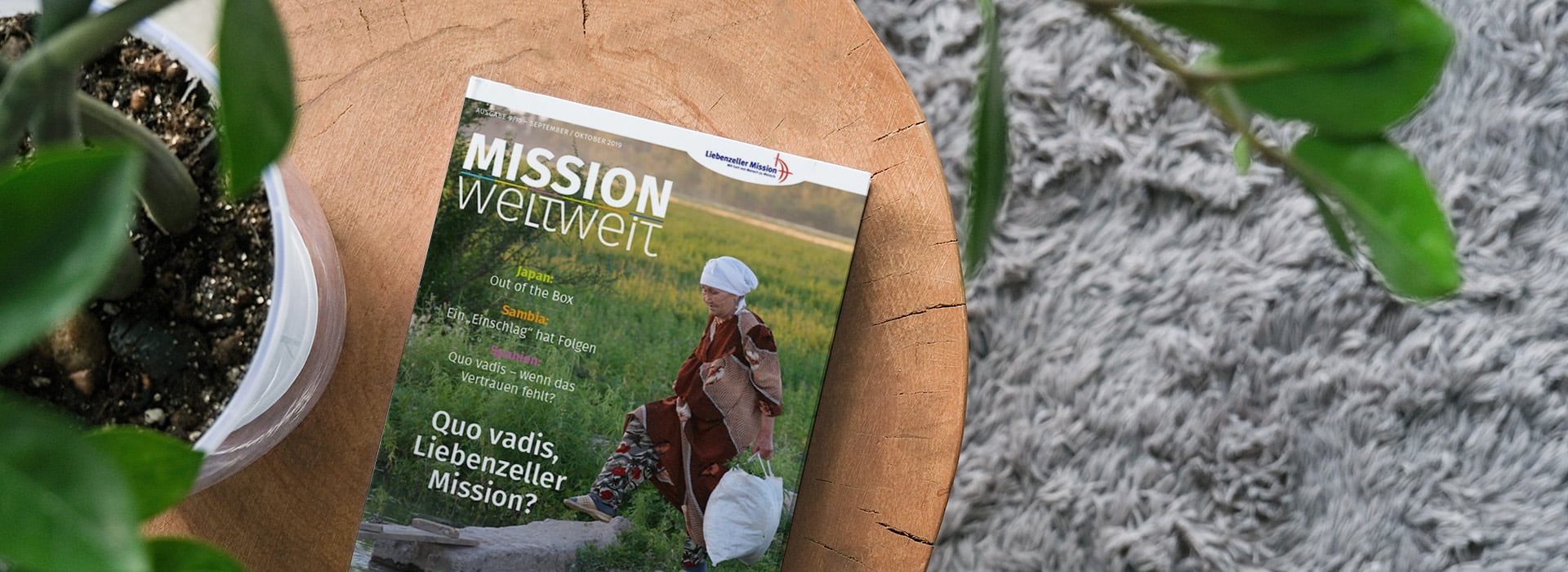 Eine Zeitschrift mit dem Titel „Mission weltweit“ auf einem Holztisch neben einer Topfpflanze und einem grauen Teppich.