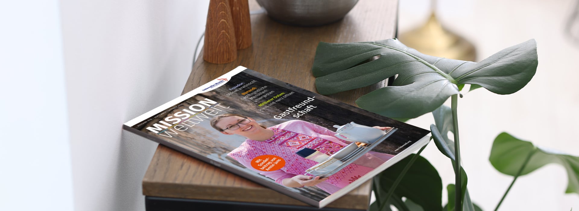 Auf einem Holzregal neben einer grünen Monstera-Pflanze liegt eine Zeitschrift mit dem Titel „MISSION WellWirten“.