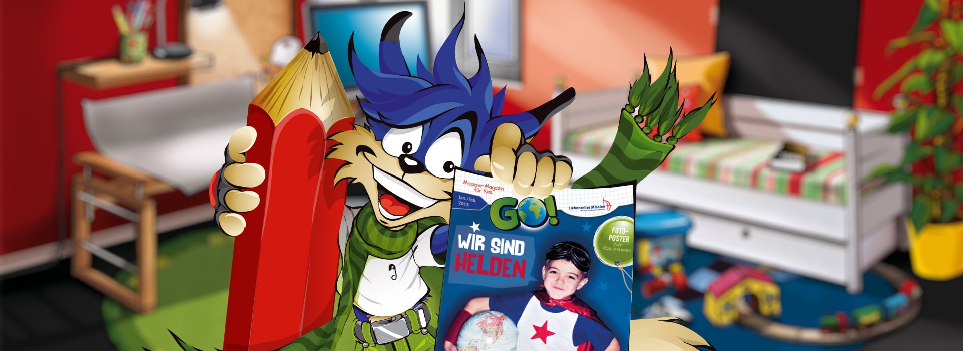 In einem bunten, aufgeräumten Schlafzimmer hält ein Comic-Wolf einen großen roten Bleistift und eine deutsche Zeitschrift in der Hand.