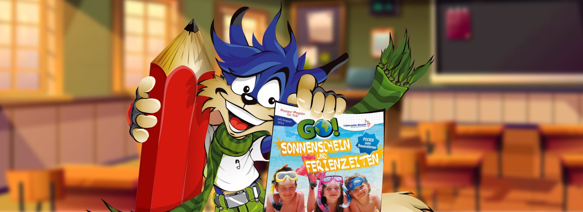 Ein Cartoon-Wolf, der einen riesigen roten Bleistift und eine bunte Zeitschrift in der Hand hält, in einem fröhlichen Klassenzimmer.