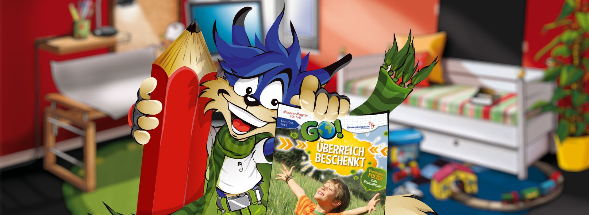 Eine Comicfigur mit blauen Haaren hält einen großen roten Bleistift und eine Zeitschrift in einem bunten, unaufgeräumten Schlafzimmer in der Hand.