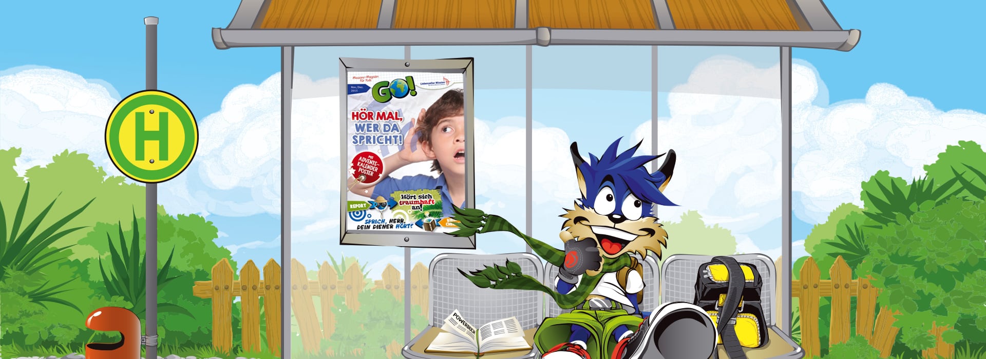 Ein Comic-Wolf an einer Bushaltestelle zeigt auf ein Plakat; im Hintergrund sind Bäume, ein Zaun und ein Bushaltestellenschild zu sehen.