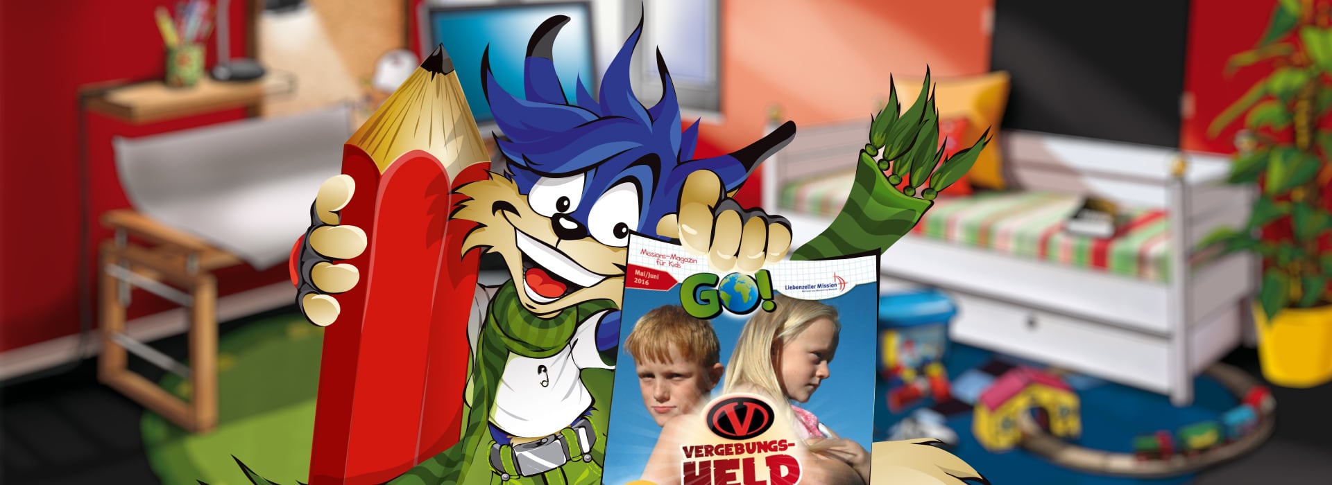 Ein Cartoon-Wolf, der einen großen roten Bleistift und eine Zeitschrift in einem bunten, unordentlichen Kinderzimmer in der Hand hält.