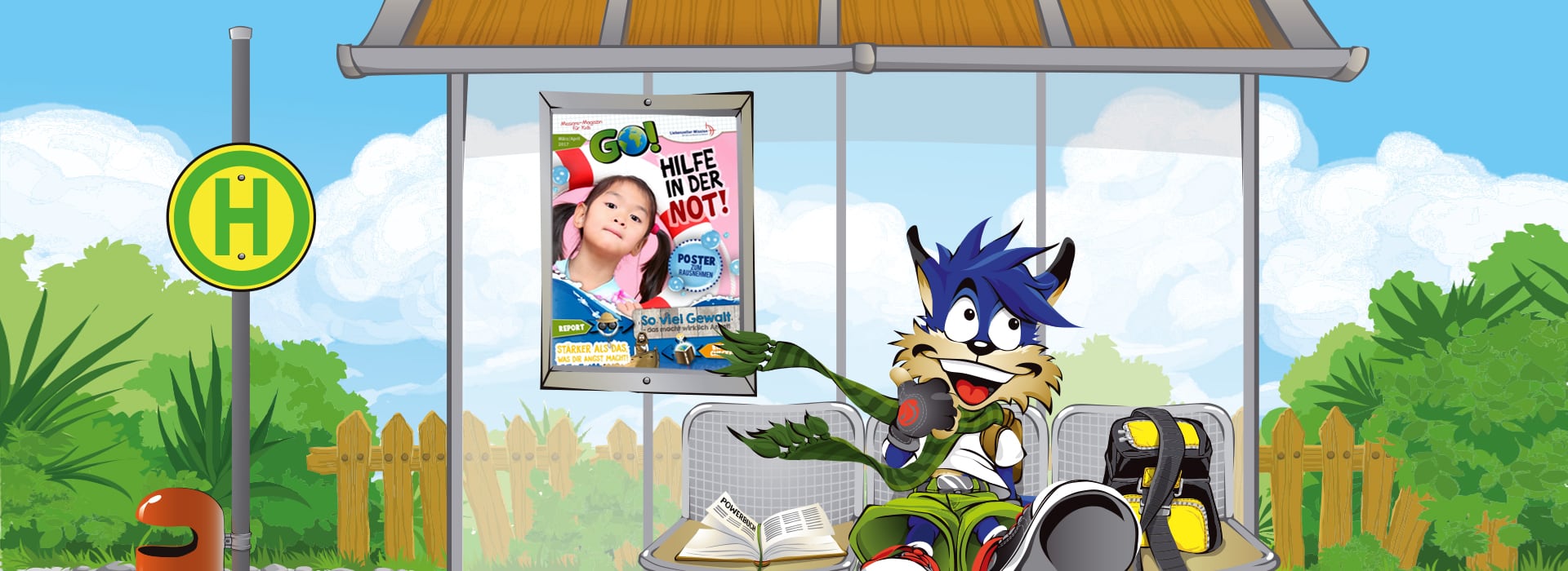 Ein Comic-Wolf sitzt an einer Bushaltestelle und zeigt auf ein Plakat, auf dem ein Kind zu sehen ist, neben dem Bücher und ein Rucksack liegen.