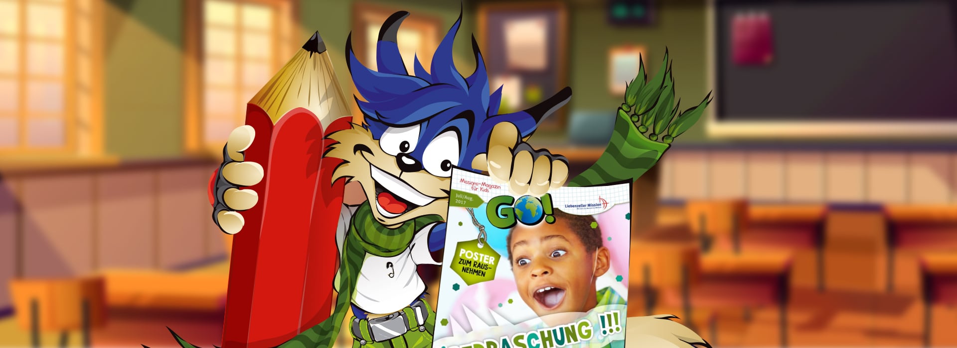 In einem farbenfrohen Klassenzimmer hält ein Comic-Wolf einen riesigen roten Bleistift und eine Kinderzeitschrift in der Hand.