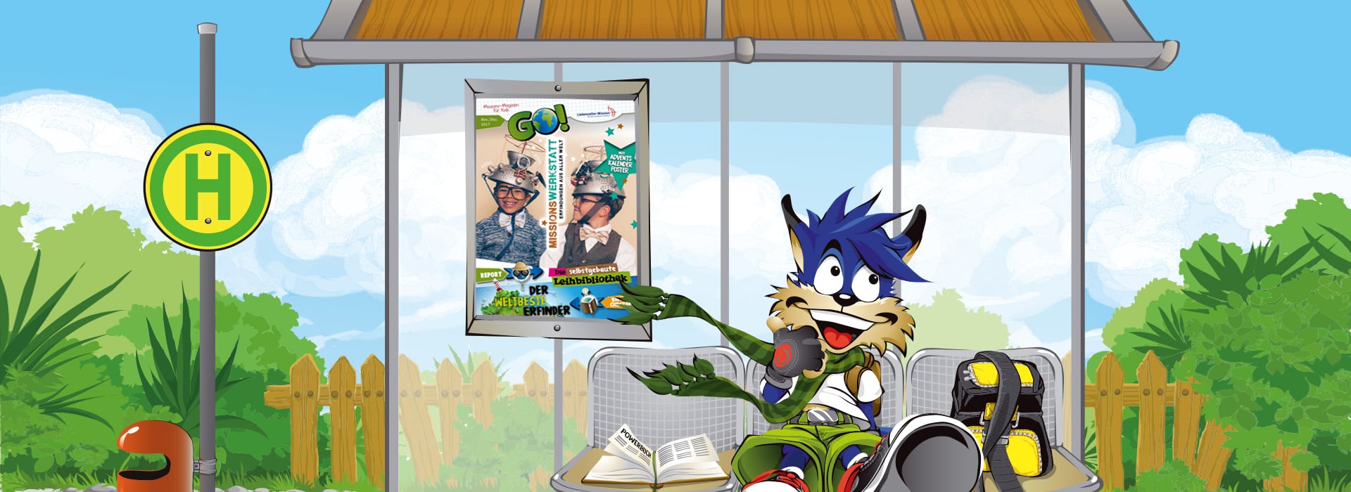 Ein Cartoon-Wolf in Sportkleidung sitzt an einer von Grün umgebenen Bushaltestelle und zeigt auf ein Plakat.