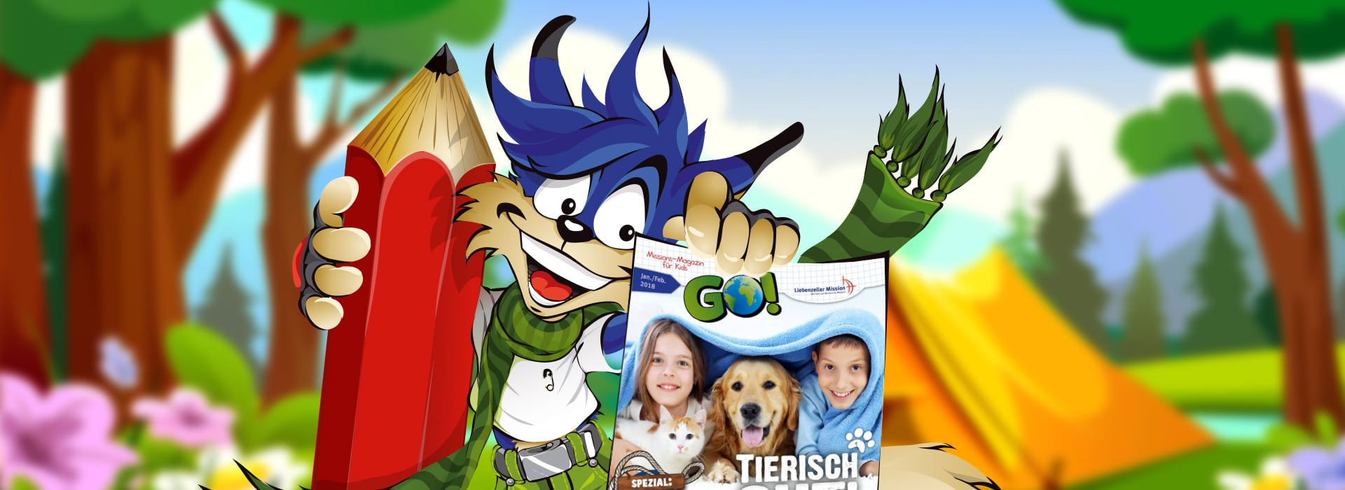 Ein Cartoon-Wolf hält einen großen roten Bleistift und eine Kinderzeitschrift in der Hand, im Hintergrund sind Zelte und Bäume zu sehen.