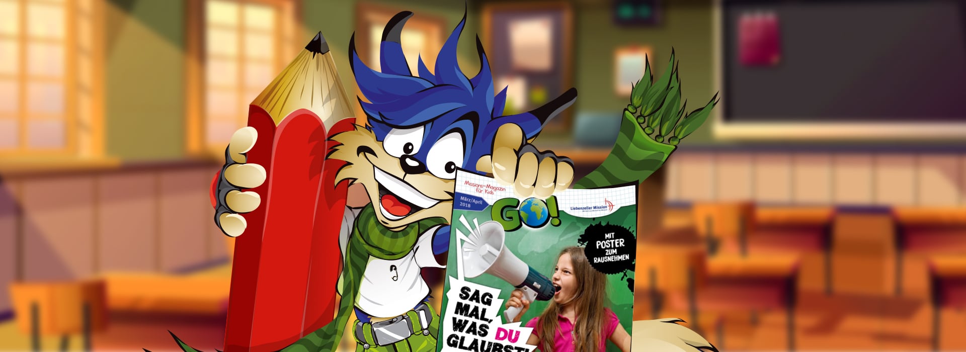 Ein Comic-Wolf hält in einem farbenfrohen Klassenzimmer einen großen roten Bleistift und eine Zeitschrift in der Hand.
