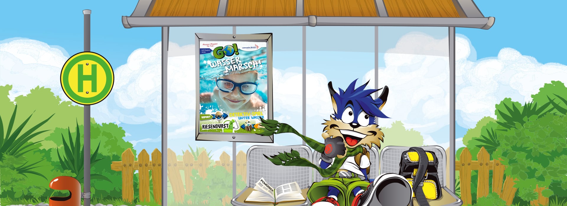 Ein Comic-Wolf sitzt an einer Bushaltestelle und zeigt auf ein Schwimmplakat; im Hintergrund sind Bäume und ein Zaun zu sehen.