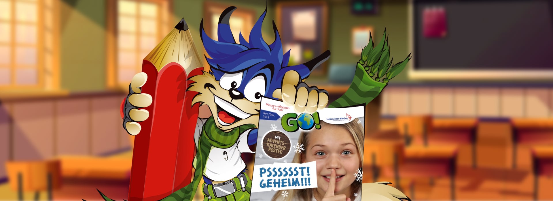 Ein Comic-Wolf, der einen großen roten Bleistift und eine Zeitschrift in der Hand hält, während ein Mädchen in einem Klassenzimmer eine Geste macht, als wolle sie ihn zum Schweigen bringen.